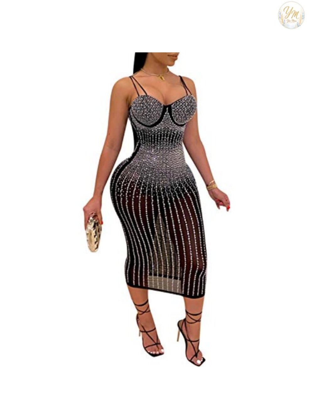 Women Sexy Mesh Rhinestone Bodycon Club Party Dress